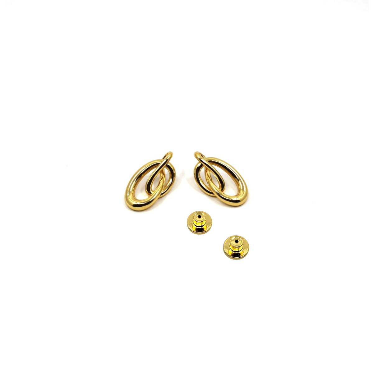 Gold double loop earrings on a white background with backs