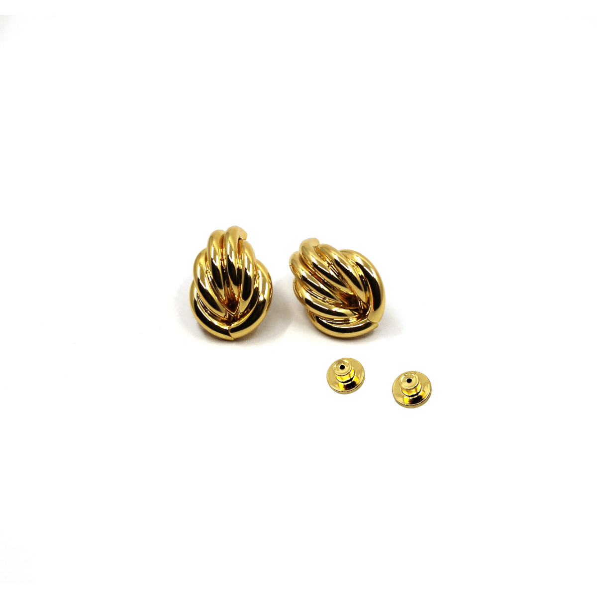Pair of gold knot earrings on a white background with backs indicated.