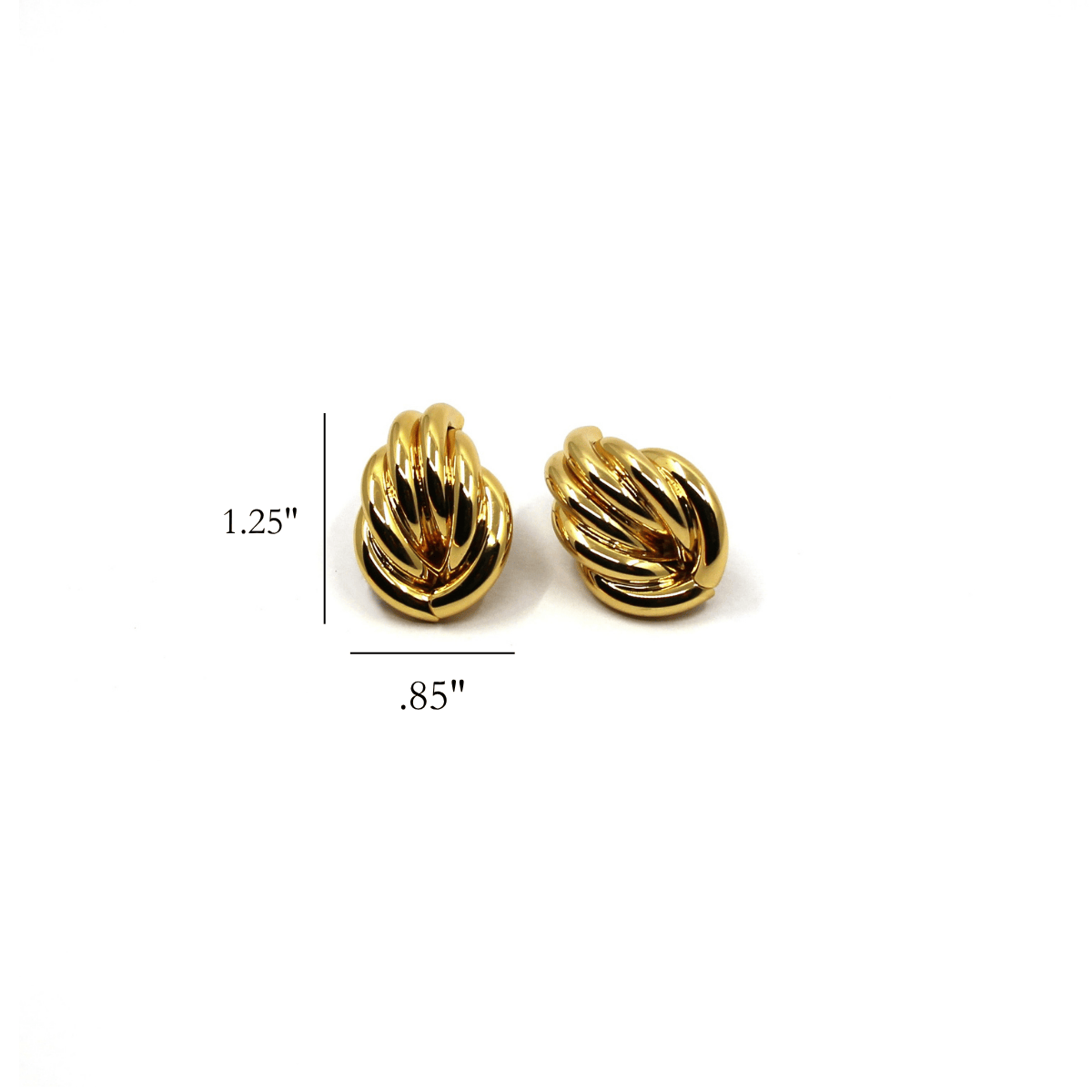 Pair of gold knot earrings on a white background with dimensions indicated.