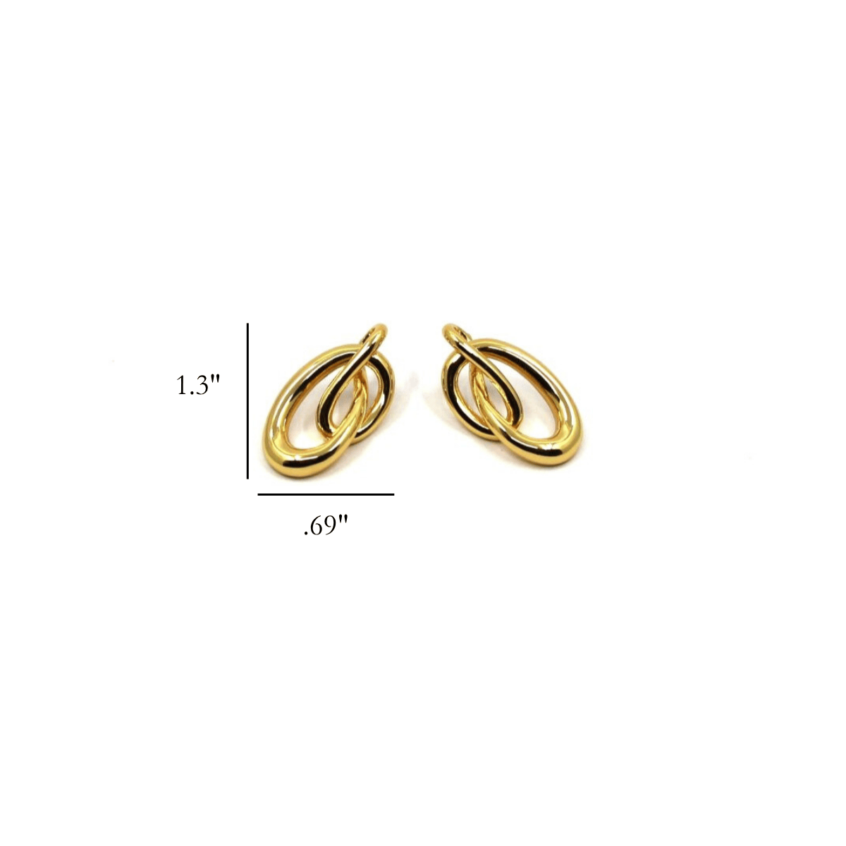Gold loop earrings on a white background with measurement details