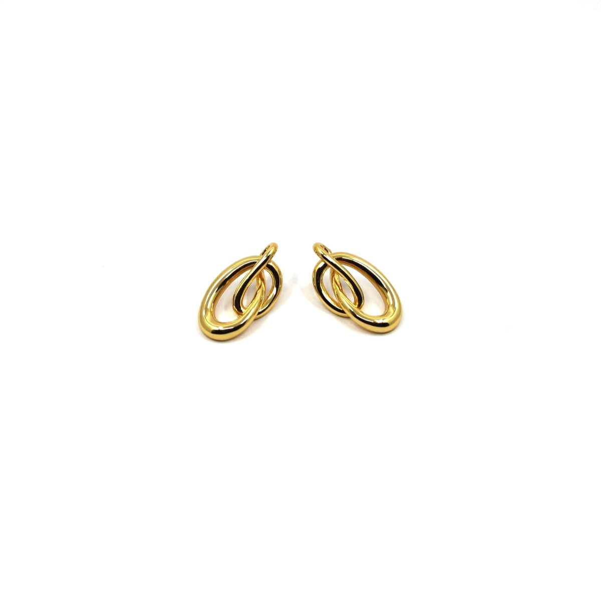 Pair of gold double loop earrings on a white background