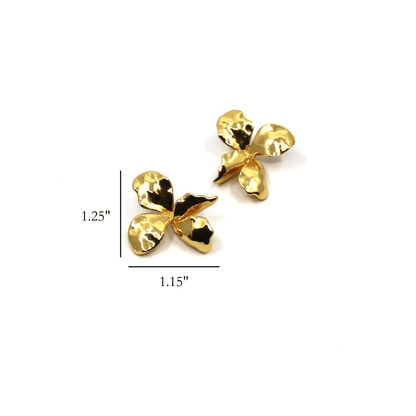 Gold flower earrings on a white background with measurements