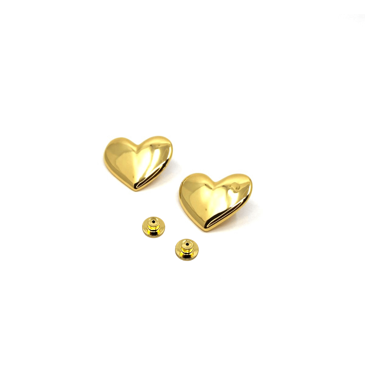 Gold heart-shaped earrings on a white background with backs