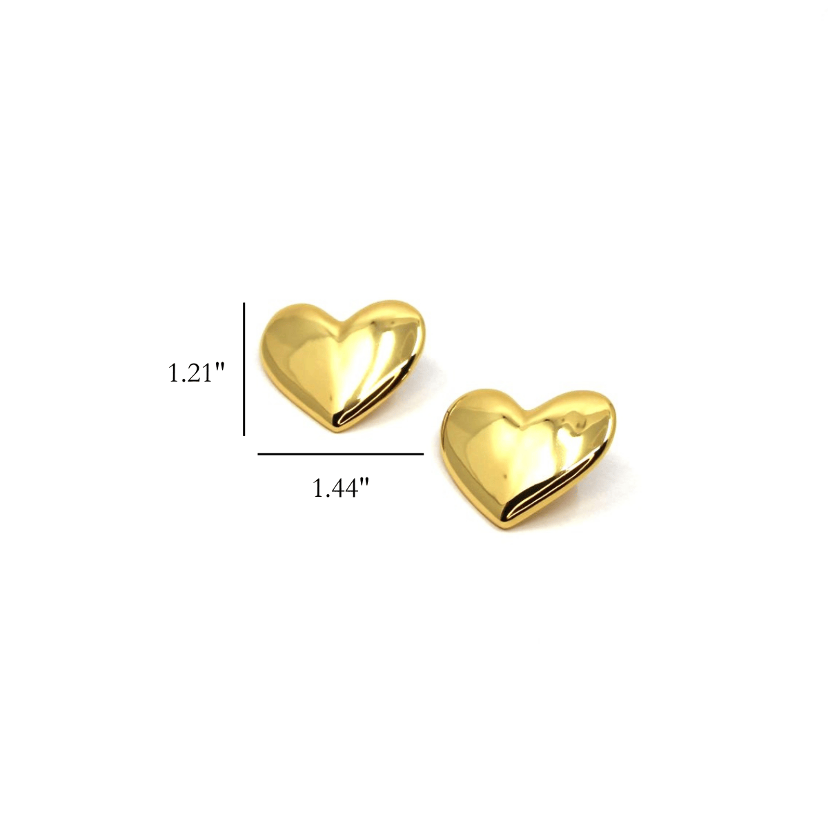 Gold heart-shaped earrings on a white background with measurements