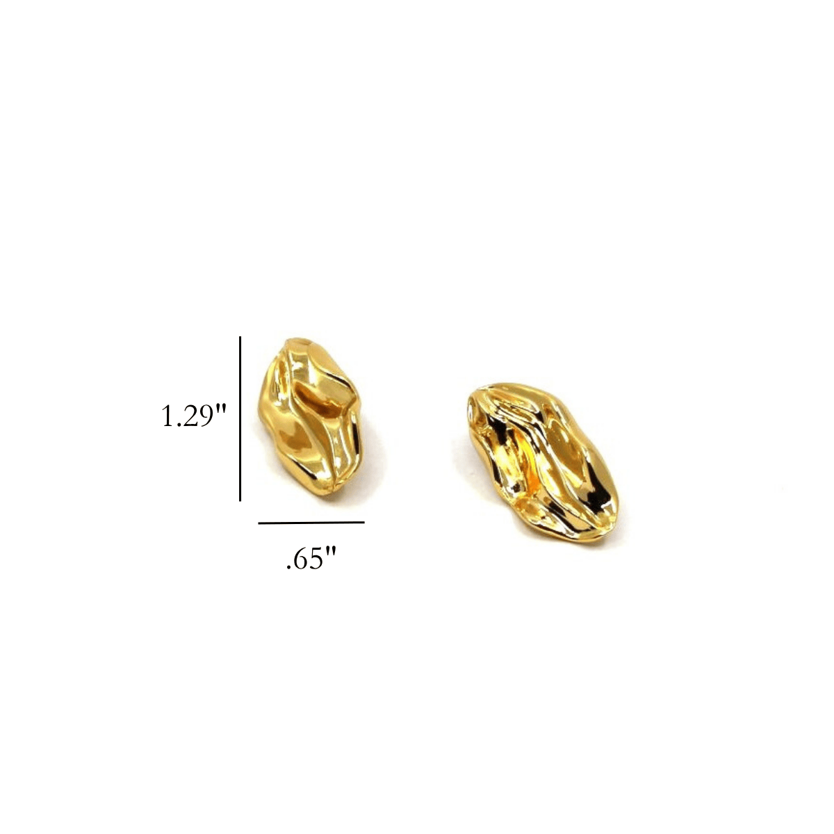 Gold wave earrings on a white background with measurement details